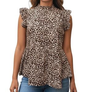 ANGASHION Leopard Print Ruffle Cap Sleeve & Neckline Blouse